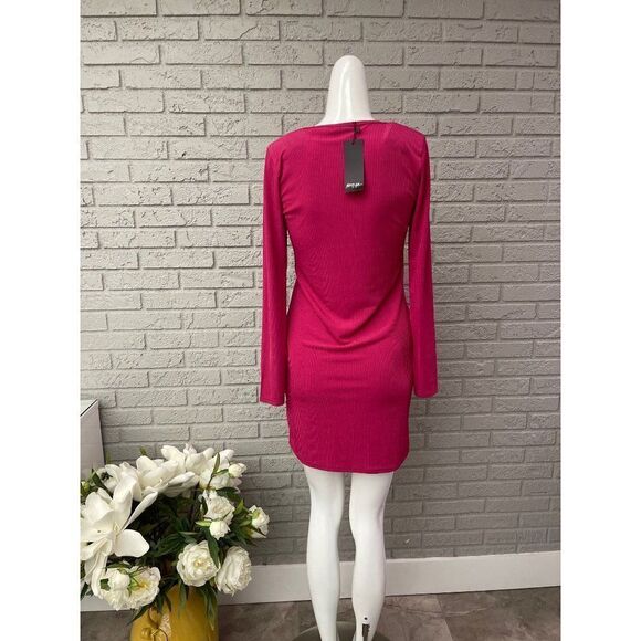 Nastygal  Bright Pink Ribbed Long Sleeve Bodycon Dress Size 8 - Picture 5 of 10